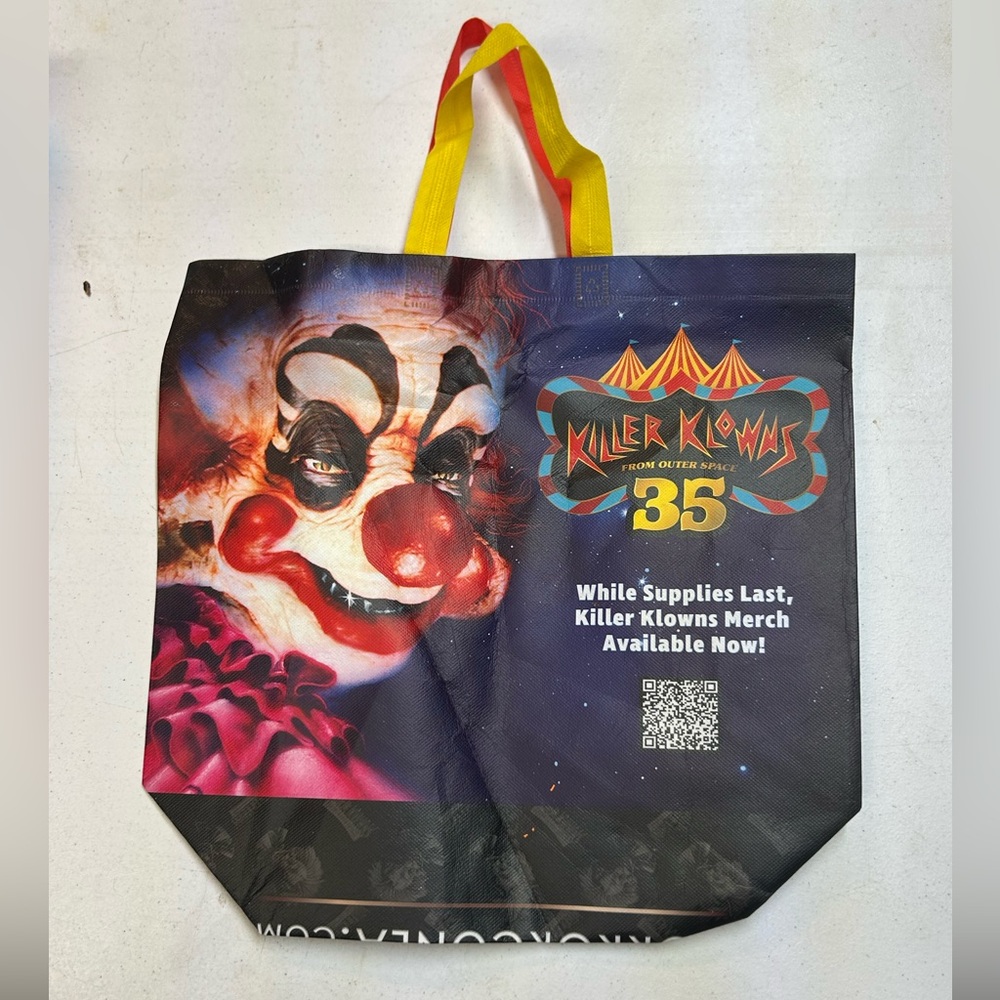 Killer Klowns from Outer Space themed reusable tote bag
